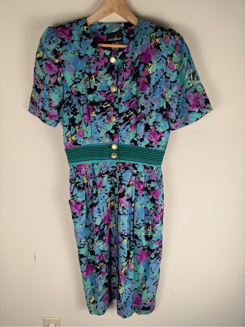 Vintage 1980's Positive Attitude Blue Purple FloralButton Up Midi Dress SZ. 9/10